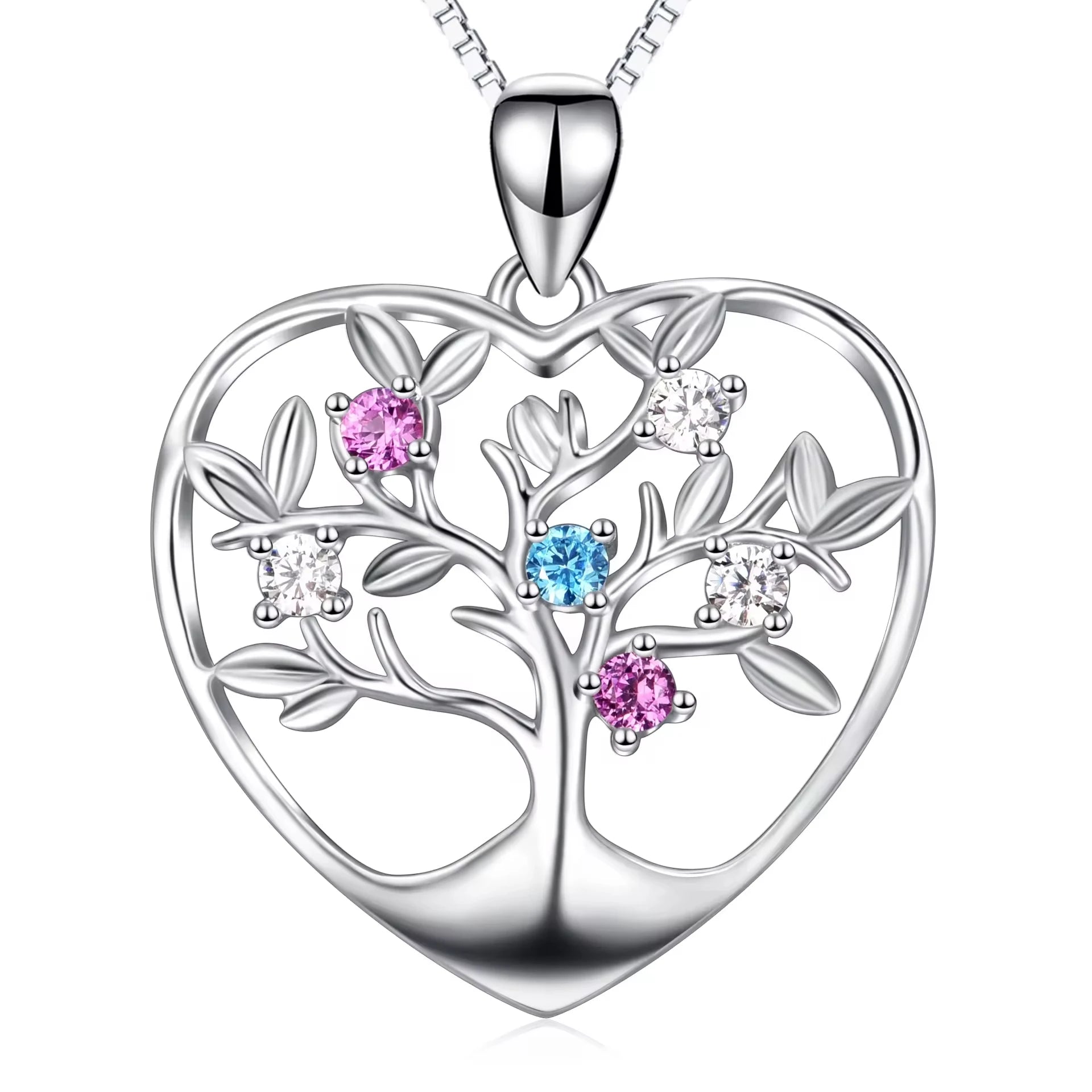 Fine Jewelry 925 Sterling Silver Box Chain Colorful Zircon Crystal Tree of Life Heart Pendant Necklace