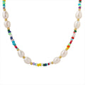 Luxury Jewelry Colorful Glass Stone Rice Beads Stainless Steel Freshwater Pearl Necklace Beaded Boho Necklace