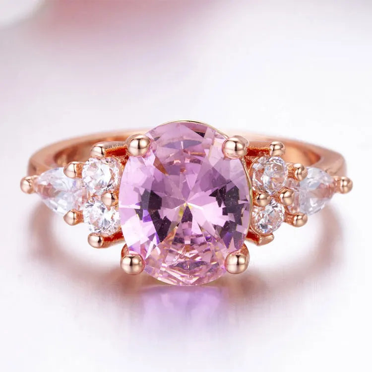 SC Luxury Imitate Diamond Proposal Engagement Ring Gift Women 18K Rose Gold Silver Oval Pink Princess Crystal Rings for Girls