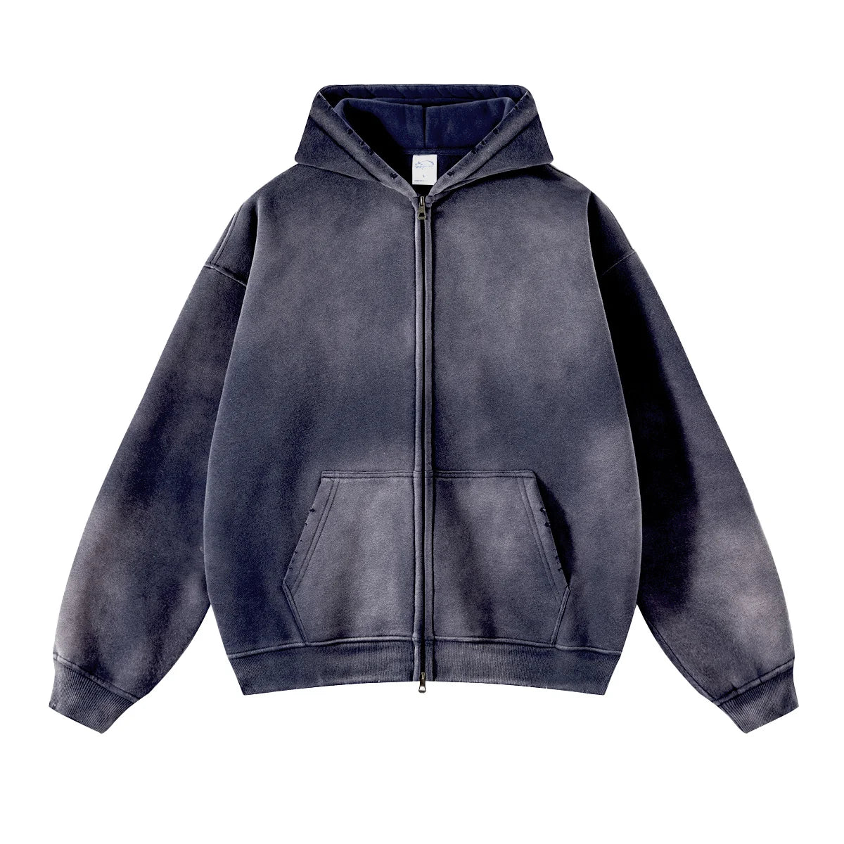 2023 Unisex Thickened Winter Hoodie Jacket Double Head Zipper Embroidered Custom Logo Acid Wash Spray Dyed Baggy Fit Embroidered