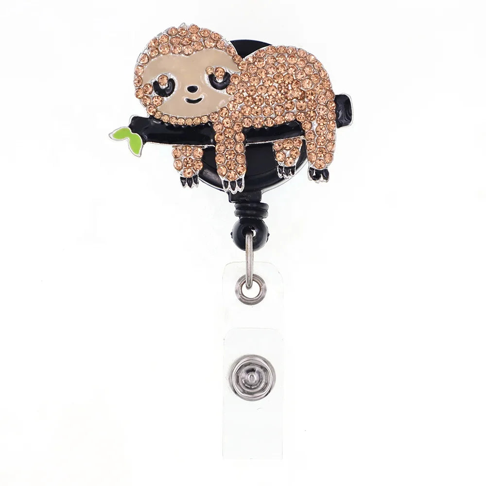 Wholesale Cute Enamel Sloth Retractable Badge Reel Rhinestone Animal Nurse Gifts Accessories with Lying on a Branch Design