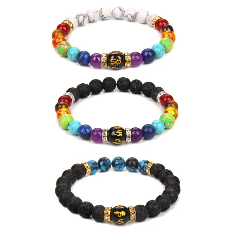 MANCHAO Women's Colorful Volcano Stone Bracelet Six Character Proverbs Fashion Jewelry with Diamond for Yoga Wedding Party