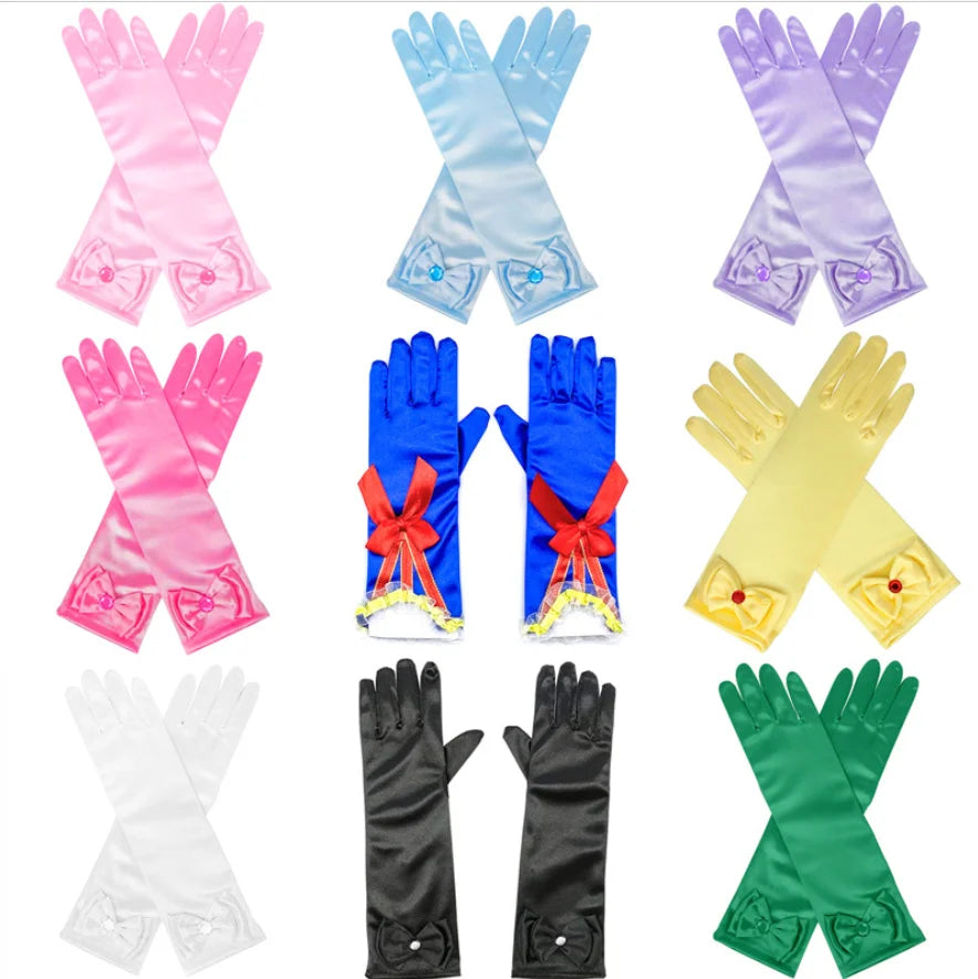 Classic Long Blue Princess Girls Outdoor Party Satin Gloves Bow Knot Kids Formal Pageant All Year
