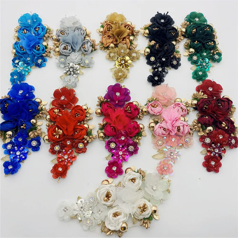 Hot Sale New Design Handmade 3d Flower Sew on Applique Embroidery Rhinestone Flower Patch for Evening Dress