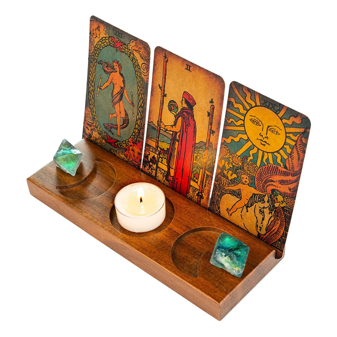 Witchy Divination Room Decor Crystal Display Triple Moon Tarot Card Stand Wooden Altar Candle Holder Accessories