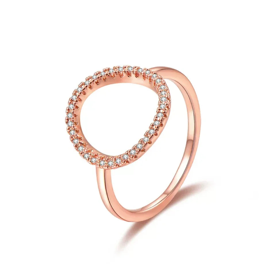 Crystal O Shape Rings Stainless Steel Gold Silver Hollow Out Rings for Women