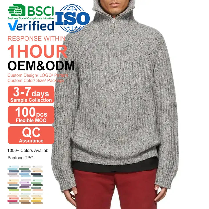 CY Wholesale Men's 100% Wool 1/4 Zipper Sweater Solid Color Knitted Pullover for Winter 2022 ODM Supply