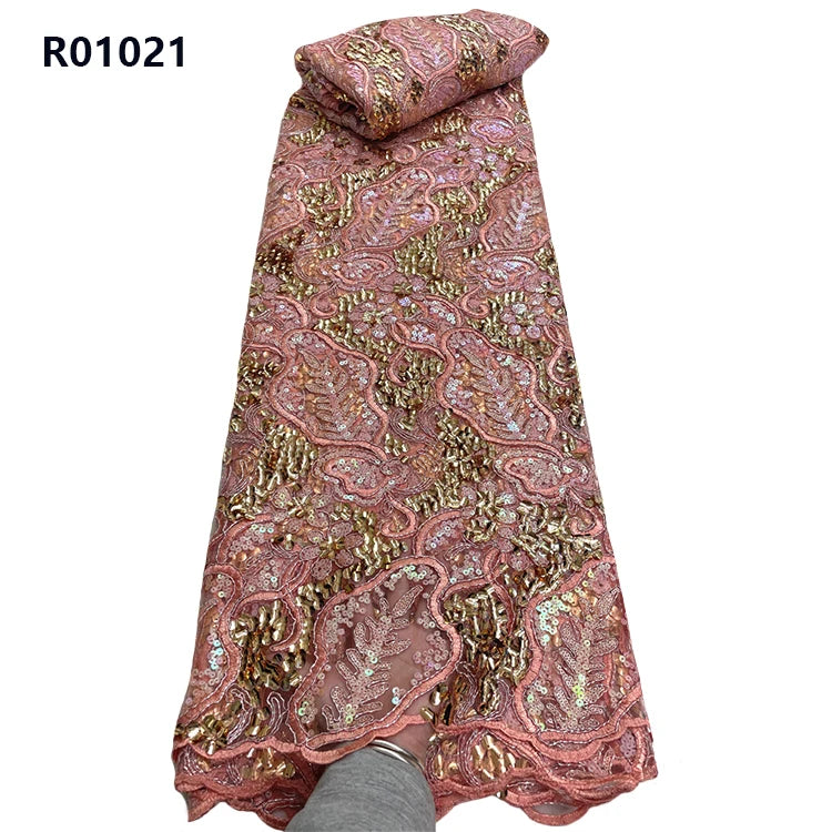 CHOCOO Newest Sequins Dubai Ribbon Corded Tulle Fabric Blush Color African Embroidery Lace Fabric