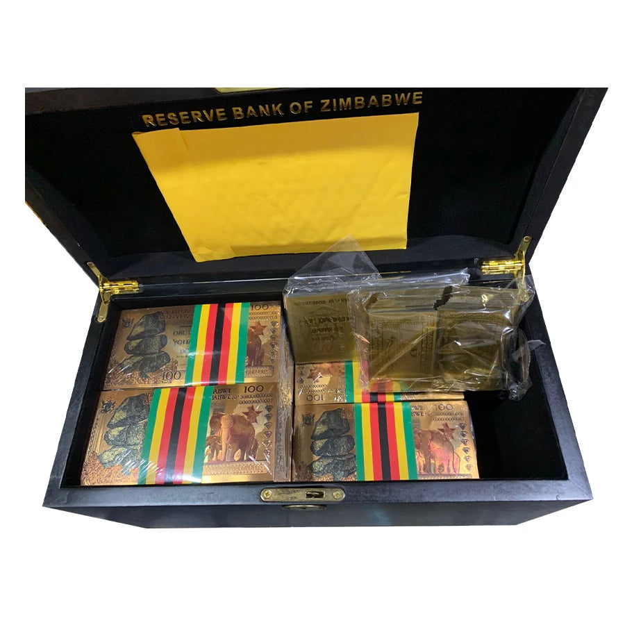 1000pcs/lot Zimbabwe One Hundred Yottalillion DOLLARS Banknotes Gold Banknote with Wooden Box for Nice Gift
