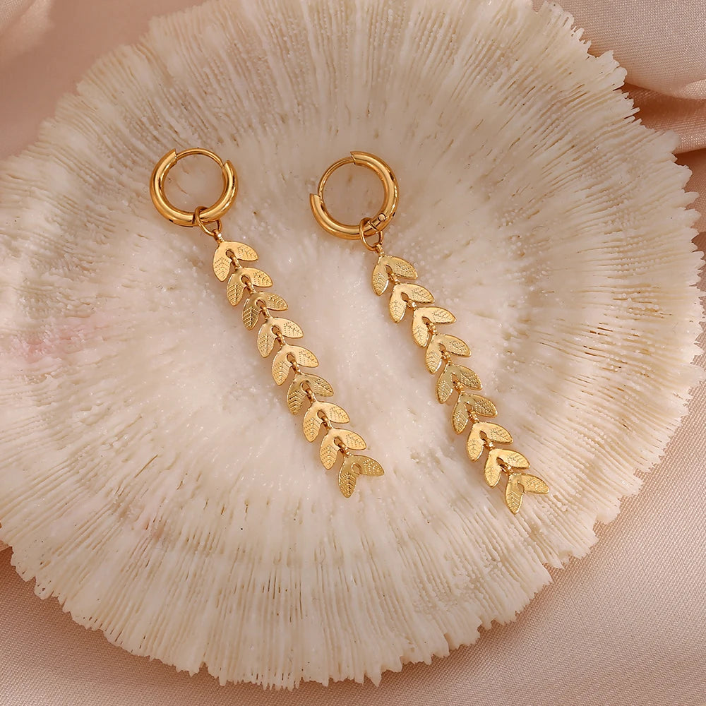 Waterproof 18K Gold Plated Stainless Steel 316L Leaf Wheat Leaves Chain Dangle Earrings Wholesale Jewelry for Women