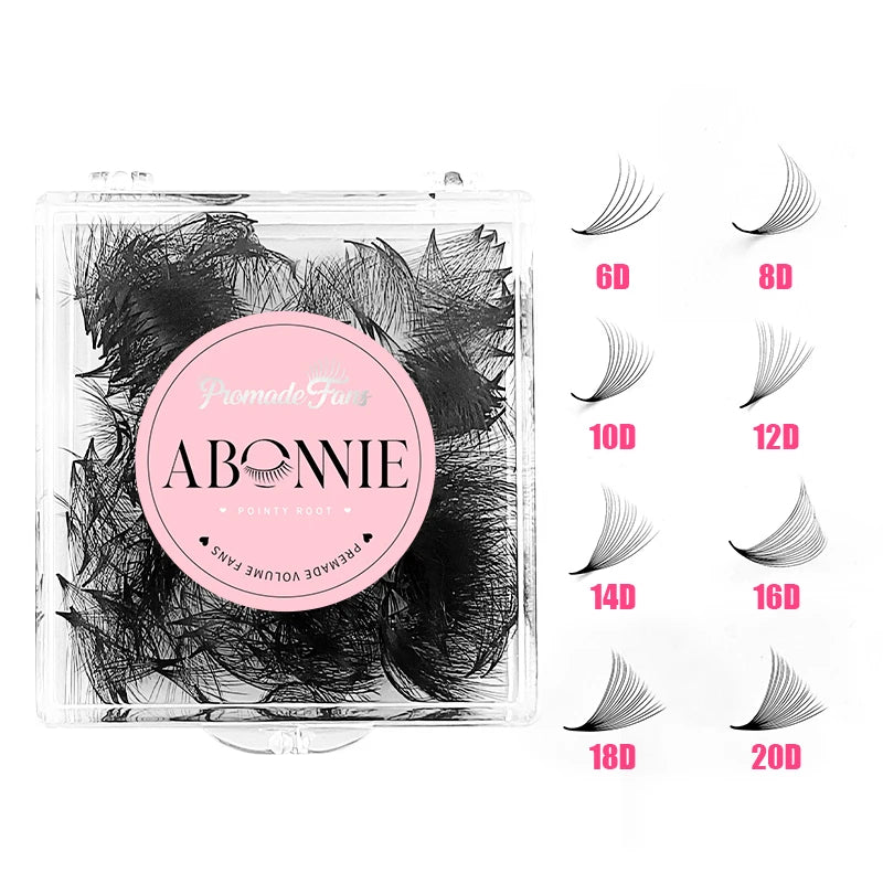 Abonnie Pointy Thin Base Pro Made Eyelash Trays Bulk Loose Volume Fans 12D 20D Korean Pbt 0.05 Mink Promade Lash Extension Fans