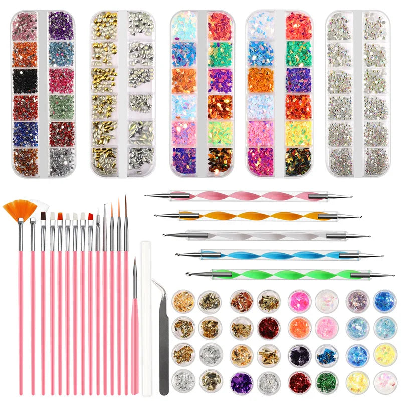 Tamax NAK005 Nail Art Kit with 15x Brush 5 Dotting Stick 5box Decorations Rhinestones 32 Foils Strip 1 Gem Picker Tweezers