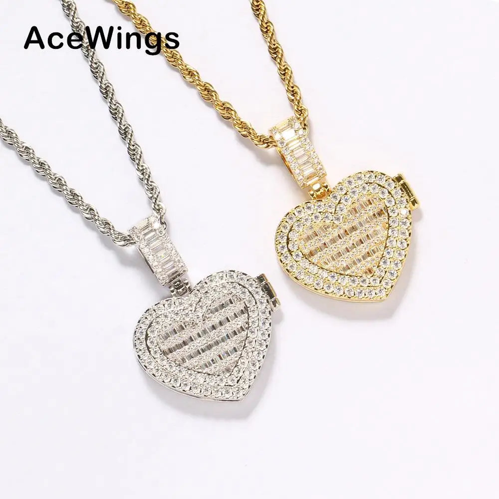 PP10 Brass Cubic Zircon Heart Photo Pendants Necklace Hip Hop Necklace BlingJewelry