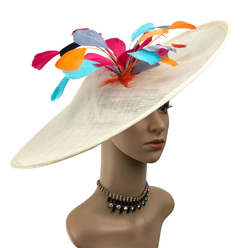 Hot Selling Custom Royal Womens Colorful Feather White Big Sinamay Fabric Church Bridal Fascinator Hairband Wholesale