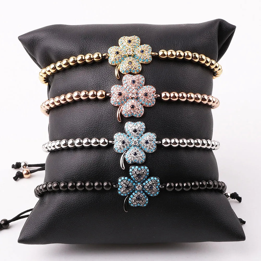 High Quality Stainless Steel Beads CZ Four Leaf Clover Charm Adjustable Bracelet Women JBS12501