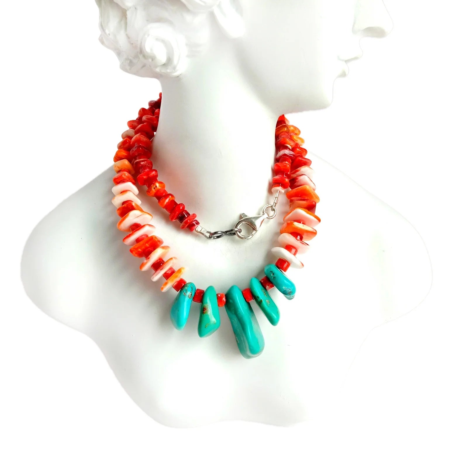 Natural Turquoise spiny oyster 925 Sterling Silver Beads 16 inch Gemstone Necklace Audrita designed and created Southwest neckl