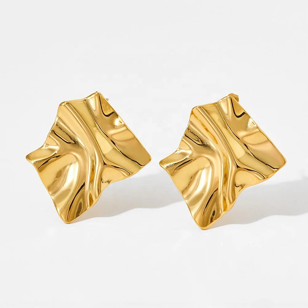 Women's Fashion Trendy Geometric Irregular Textured Molten Stud Earrings Gold Plated Non-Tarnish Stainless Steel Crumple