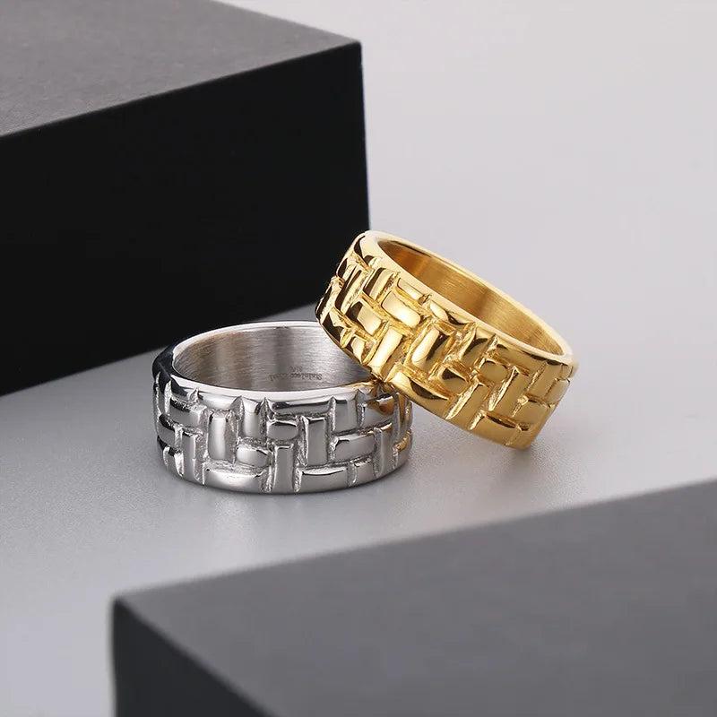 18K Gold Ring Men Fashion Jewelry Striped Geometric Palace Wall Wedding Statement Mens Rings Stainless Steel Jewelry Couple Ring MegaBDM