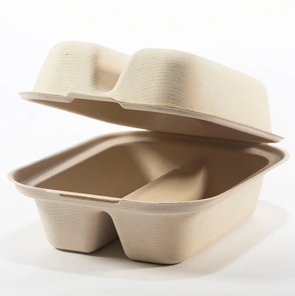 Bioleader No PFAS 2-Compt Bagasse Fiber White/Brown Disposable Taco Clamshells Lid Microwavable Biodegradable 7x5x3 Takeaway