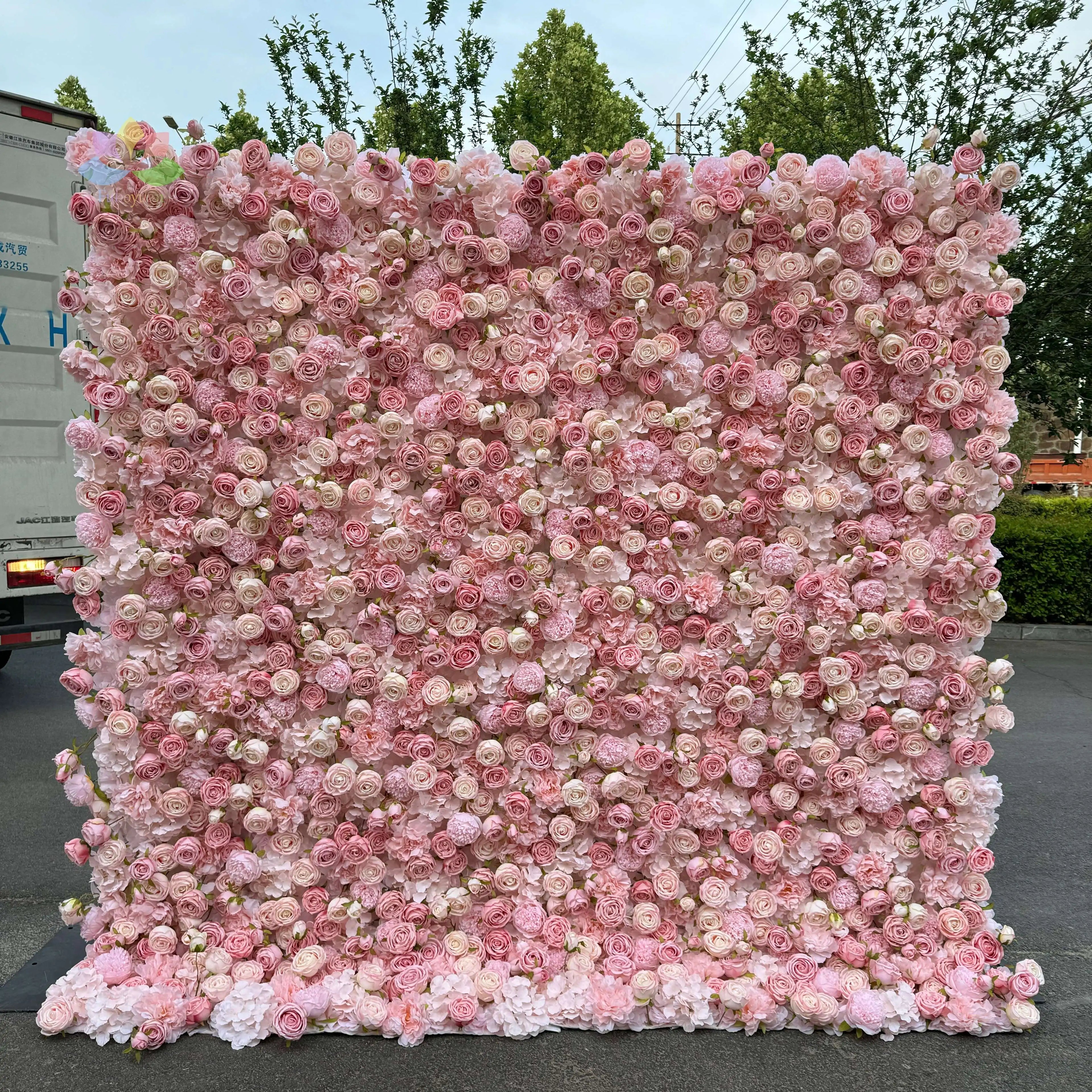 3D Purple Flowerwall Floral Flower Back Drops Artificial Silk Peony Rose Flower Wall Backdrop Panel for Wedding Party Decor