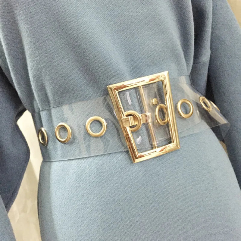 Fashion Women Waist Wide Resin Plastic Clear Transparent PVC Belts With Metal Geometric Gold Pin Buckle