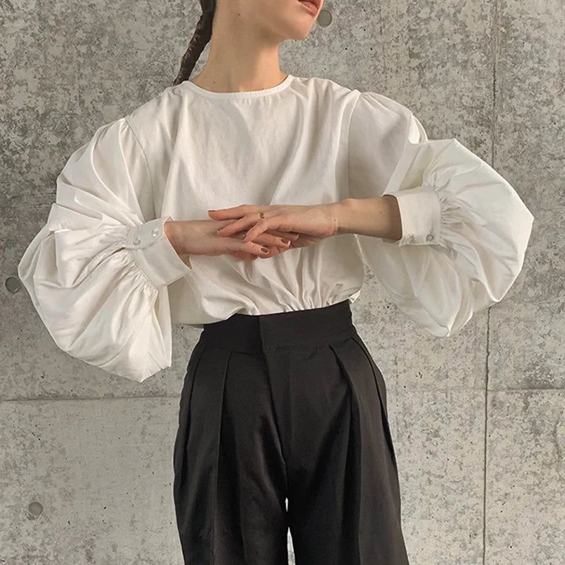 Boutique Wholesale 2026 Autumn New Fashionable Round Neck Korean Version Lantern Sleeves Pure Cotton Women's Shirt