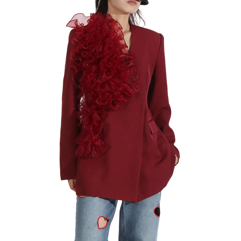 TWOTWINSTYLE Vintage Style Jacket With Three-Dimensional Splicing and Ruffle Edge Decoration Women Coat