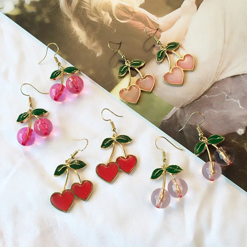 Hot Sale Summer Fresh Cherry Love Earrings Sweet Girl Dripping Cherry Long Earrings Gifts for Women