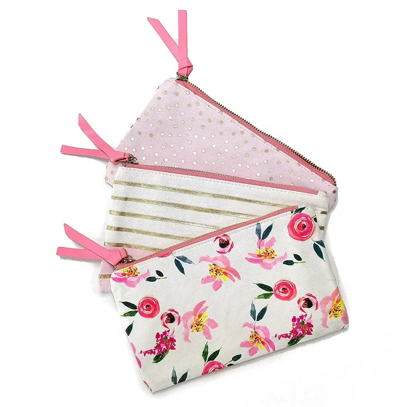 Custom Logo Bulk Eco Friendly Travel Portable Small for Beautiful Flower Makeup Cotton Canvas Zipper Large Cosmetic Bag