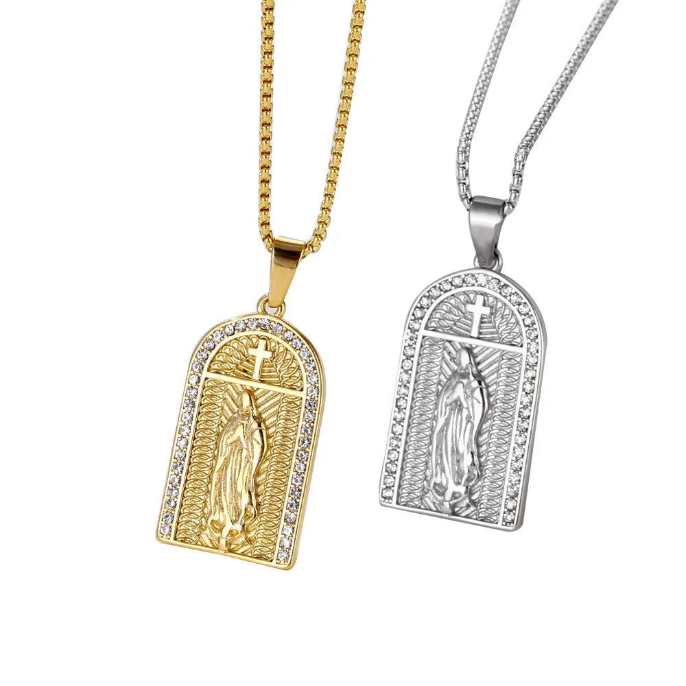 Olivia 18K Gold Zircon Virgin Mary Pendant Necklace Stainless Steel Crystal Religious Christian Cross Guadalupe Necklace