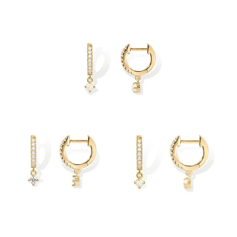925 Sterling Silver Zirconia Pave Imitation Pearl Opal Dangle 18K  Gold Plated Huggie Earrings Gift for Woman