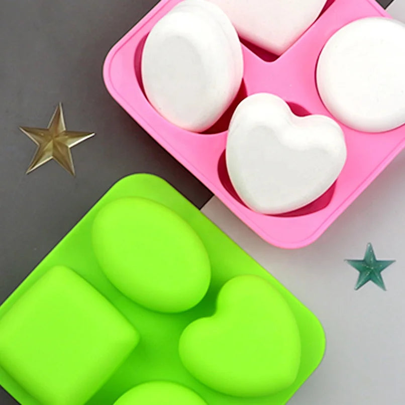 4 Cavity Silicone Soap Molds Forms Round Oval Heart Square Shape Handmade Soap DIY Mold Soap Making Tools Cake Mousse Baking Pan