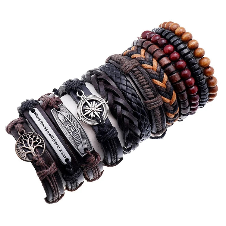 Handmade Charm Life Tree Leaf Compass Adjustable Braided Men Wrap Genuine Leather Bracelet Set Jewelry