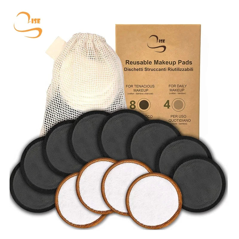 Eco-friendly 3.15" Round Soft Bamboo Terry Bamboo Charcoal Face Cleansing Pads Laundry Bag Reusable Pads Make up Remover