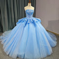 Sky Blue Shiny Quinceanera Dresses Ball Gown Appliques Lace Beaded Sweetheart Off Shoulder Birthday Party Gown 6636