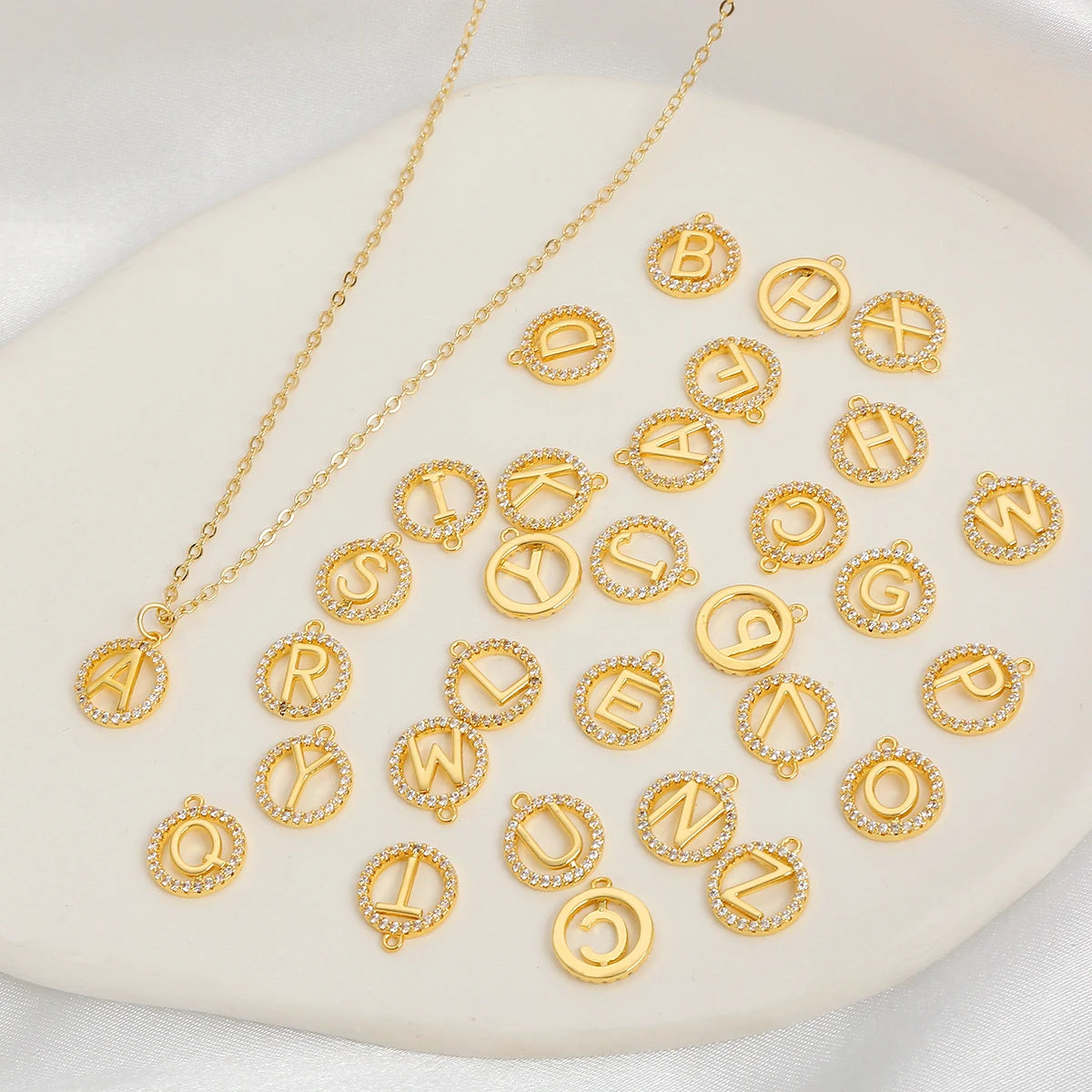 DIY Jewelry Accessories Name Alphabet Pendant Initial Pendant Zircon Inlaid Round Letter Pendant Plated Brass 18K Gold Party