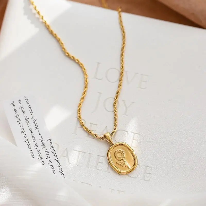 Fashion 18K Gold Plated Sunflower Jewelry Stainless Steel Oval Flower Twist Chain Pendant Necklace YF2479