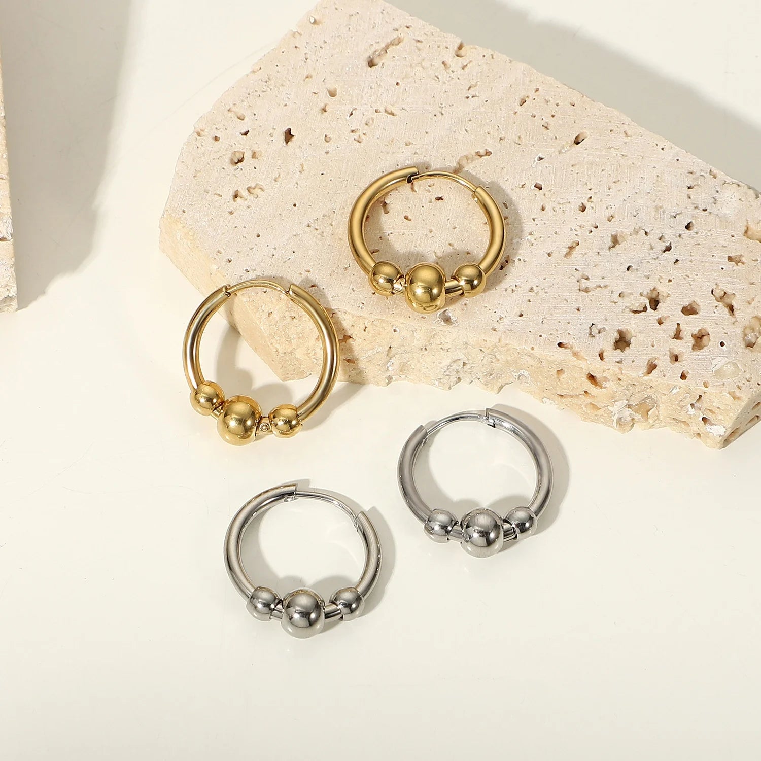Non Tarnish Waterproof Jewelry Women Hiphop 14K Gold Plated Stainless Steel Adjustable Beads Geometric Huggies Hoop Earrings