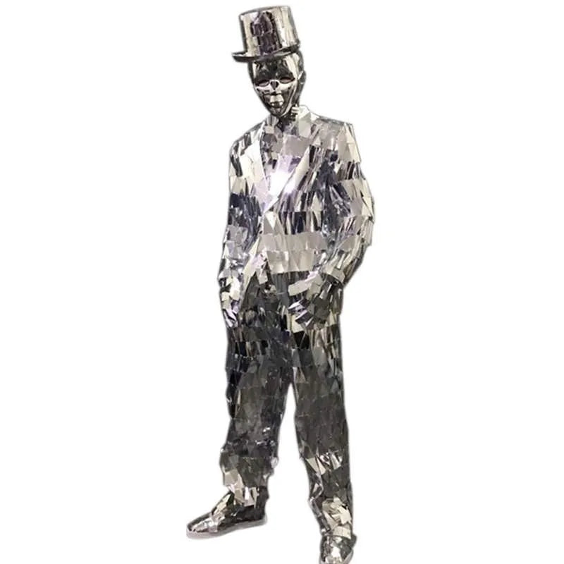 Party Club Adult Man Silver Mirror Costume Stage Show Dance Performance Wear Suit Props