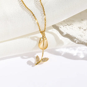 Fashion Jewelry Opal Tulip Necklace Non Tarnish Stainless Steel 18K Gold Plated Zircon Flower Necklaces for Women