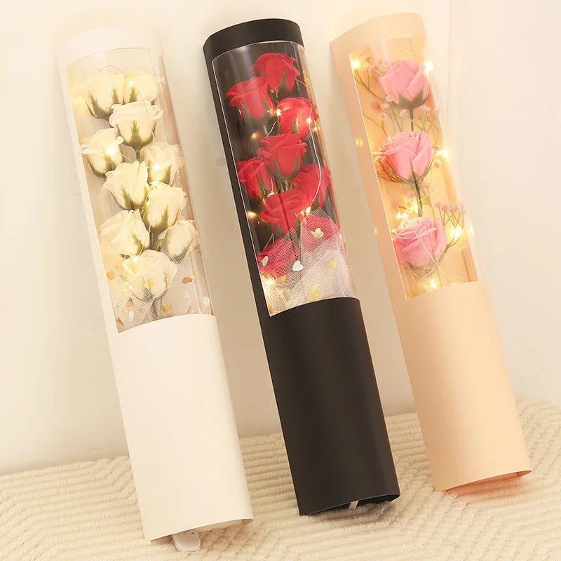 Artificial Soap Rose Flower Bouquet Tube Box with White Led Light  Gift for Mother's  Day