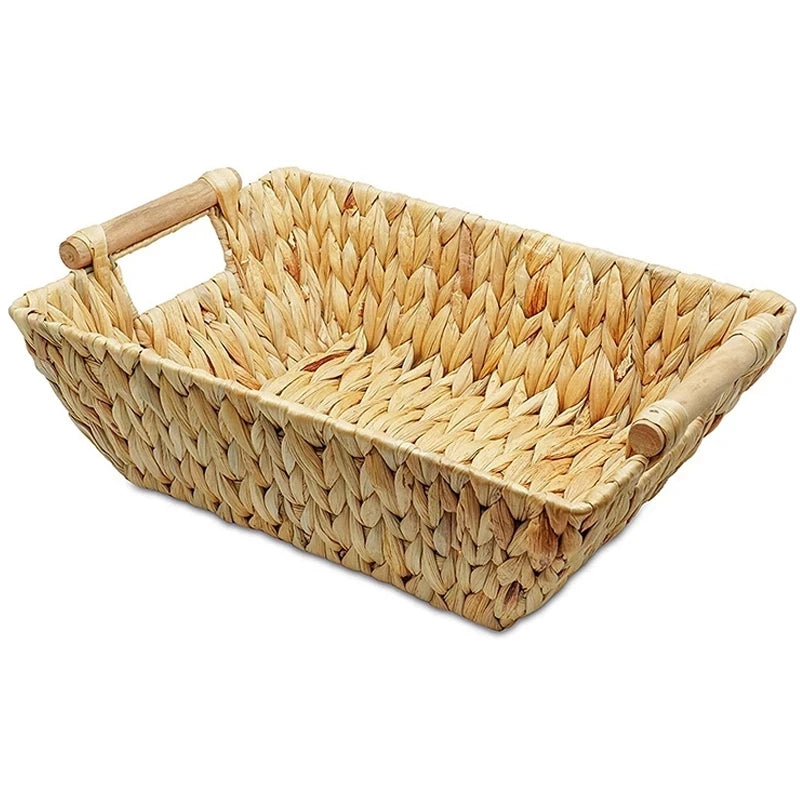 Water Hyacinth Storage Basket Rectangle Hand-Woven Wicker Rattan Tray Bathroom Organizing Tray Kitchen Food Storage Basket