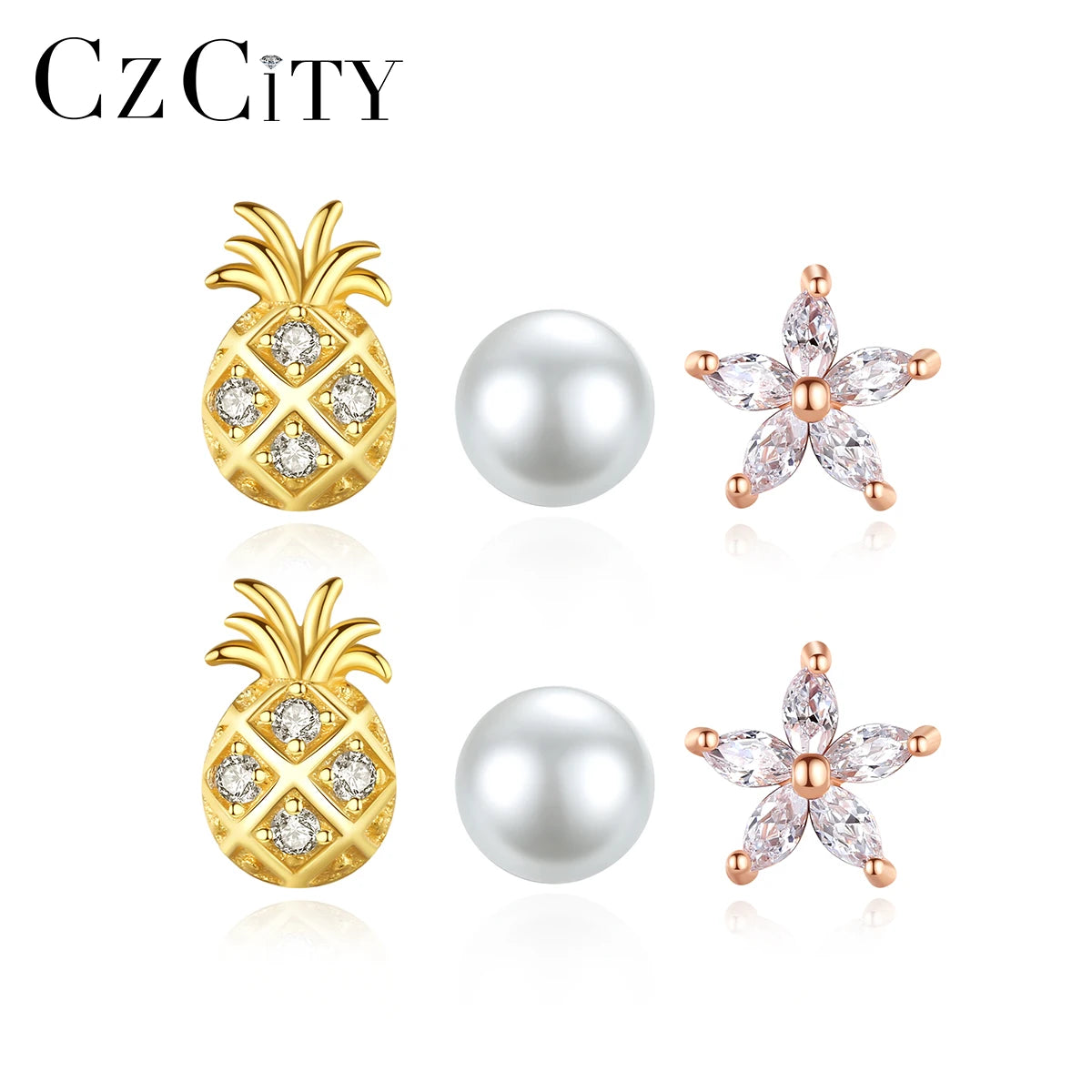 CZCITY Earings Studs Set Women and Flower Freshwater Pearl Jewely S925 Sterling Silver Earrings Set