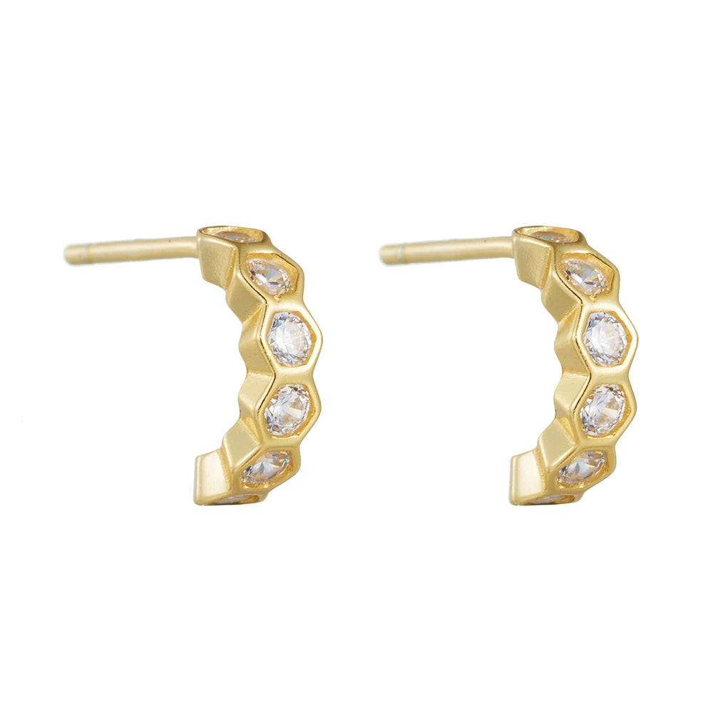 New Design Fashion Trending Small Cuff Stud French Style 925 Sterling Silver Geometric Hexagonal Zircon Beehive Shape Earrings