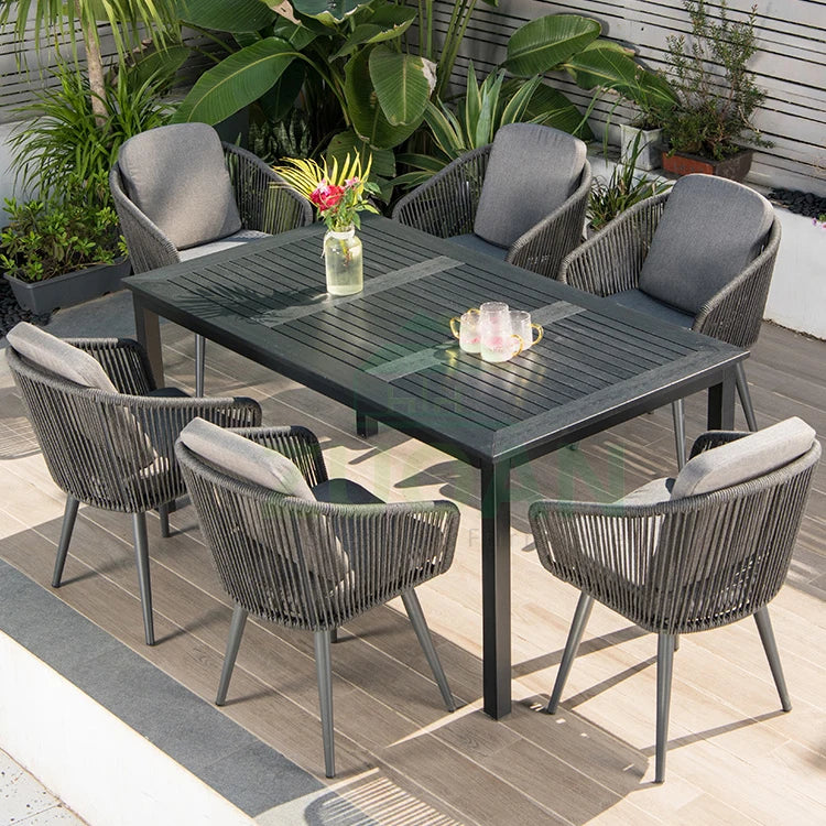 Luxury Hotel Resort Villa Rope Outdoor Patio Furniture Black Rope Woven Dining Chair Wood Plastic Table Set