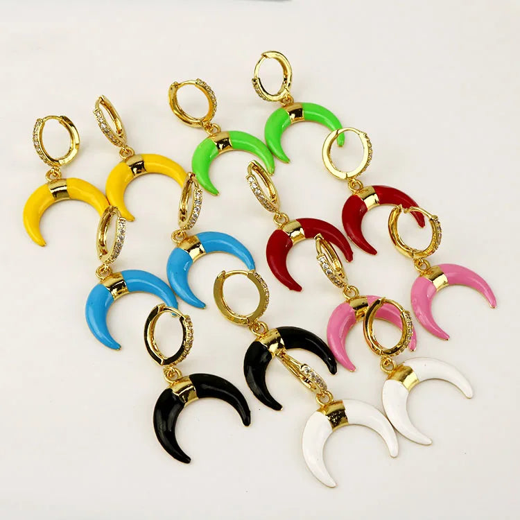 EM1143 New Brass 18k Gold Plated Double Horn Dangle Earrings Colorful Crescent Moon Earring for Jewelry
