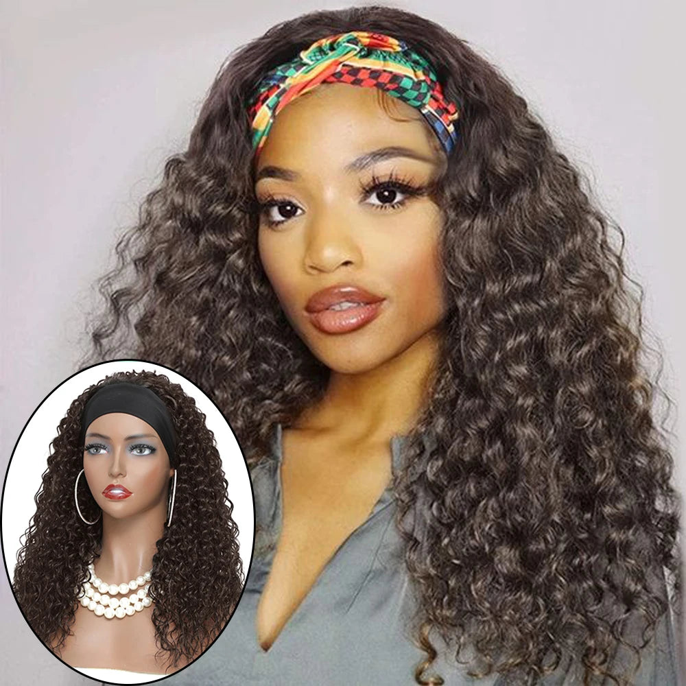 Ombre Brown Synthetic Headband Wig for Black Women Glueles Afro Kinky Curly Wigs 18" 150% Density Natural Soft Daily Wig X-TRESS