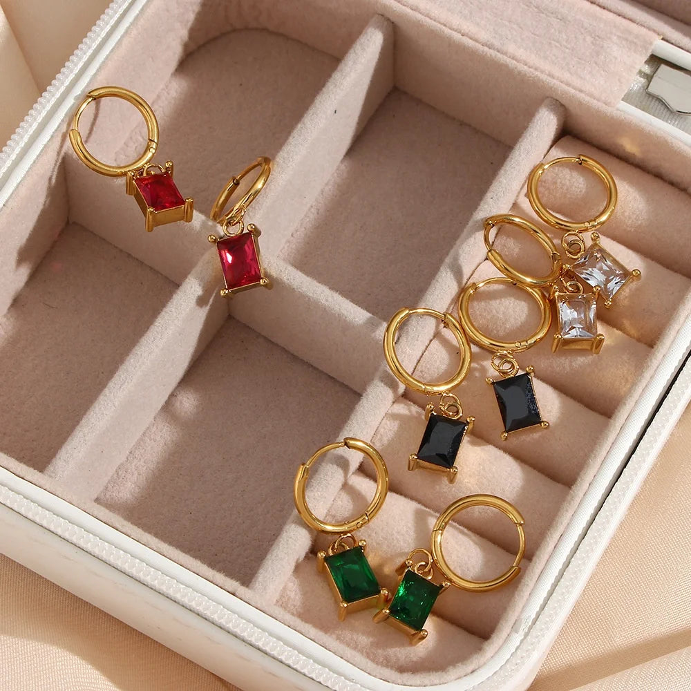 Ins Fashion Jewelry Non Tarnish 18K Gold Plated Stainless Steel Colorful Square Cubic Zirconia Gemstone Hoop Earrings for Girls
