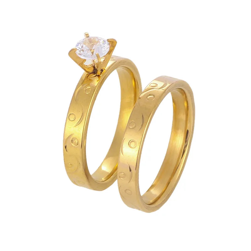 BINSHUO Wholesale Custom Jewelry Stainless Steel Gold Plated Wedding Engagement Diamond Couple Ring Set Valentine's Day Present