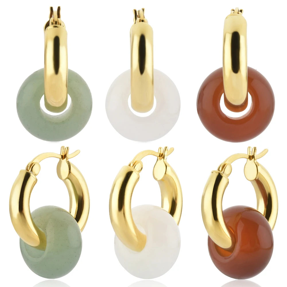 FUAMAY Aretes Silver 925 18K Gold Plated Thick Chunky Natural Stone Earrings Agate Topaz Jade Aventurine Stone Earring